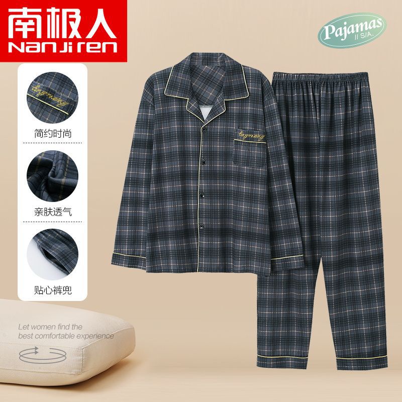 100% pijamas de algodón de primavera y otoño de los hombres de manga larga de solapa más tamaño traje de algodón para el hogar