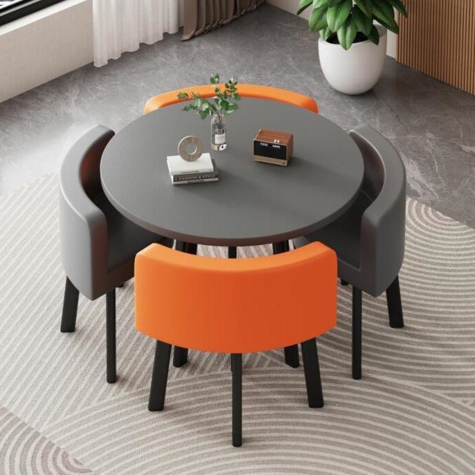 Gray round table + 2 gray 2 orange leather chairs