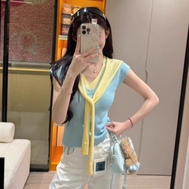 Japanese and Korean Style Navy Collar V-Neck Shawl Knitwear for Women in Summer, Small Fragrance Style, Slim Fit, Fake Two-Piece Short Sleeves Japanese and Korean Style Navy Collar V-Neck Shawl Knitwear for Women in Summer, Small Fragrance Style, Slim Fit, Fake Two-Piece Short Sleeves
