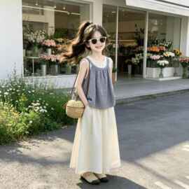 女童夏套装2026新款洋气儿童无袖格子衫夏装女大童裙裤夏季两件套