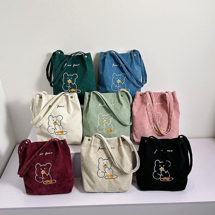 Bear Shoulder Canvas Bag Ins Cute K-Style Preppy Style Student Shoulder Bag Corduroy Shopping Crossbody Bag