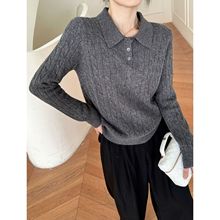 荣太格雷系全羊毛Polo领绞花复古针织衫女2025秋季新款内搭毛衣