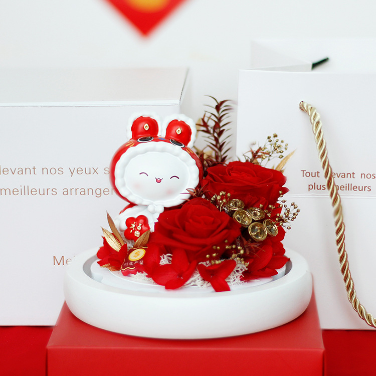 Cubierta de vidrio flor eterna bendición conejo en stock flor seca al por mayor regalo de San Valentín rosa regalo de Año Nuevo