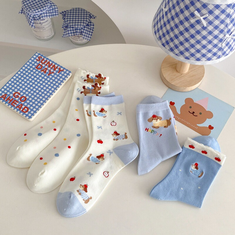 Autumn Socks for Women, Mid-Calf Socks, Dachshund Ins Trendy Versatile Korean Autumn and Winter Cute Floral Sweet Student Cotton Socks