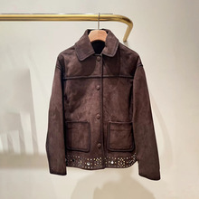 法单小众 2025秋冬做旧重工铆钉落肩宽松麂皮免打理翻领外套25997