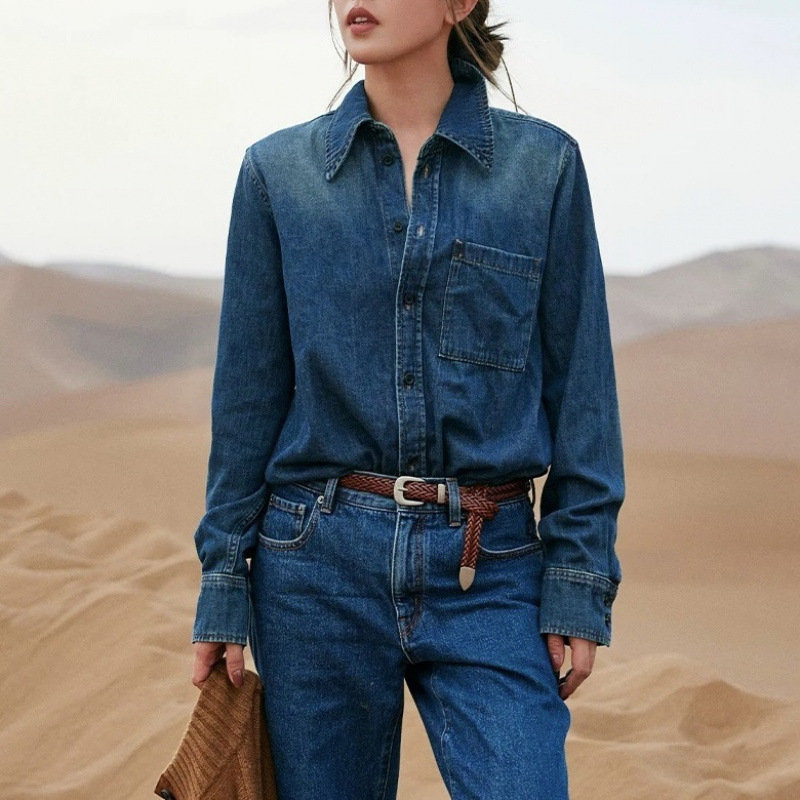 Italian Hm New Stylish Versatile Washed Vintage Soft Denim Shirt Casual Solid Color Long Sleeve