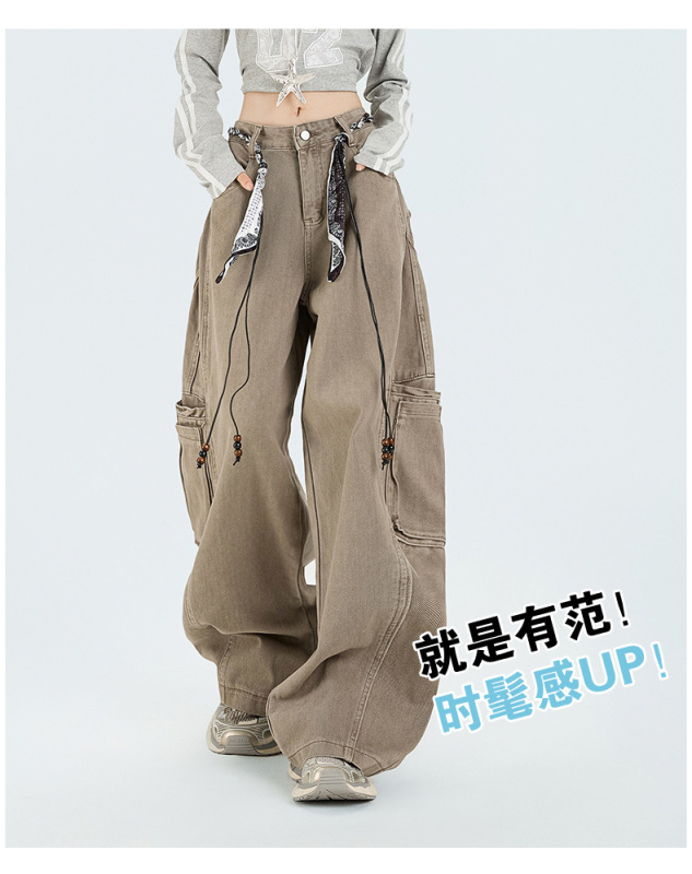 美式牛仔裤女2025新款阔腿宽松彩色直筒女工装牛仔长裤|undefined