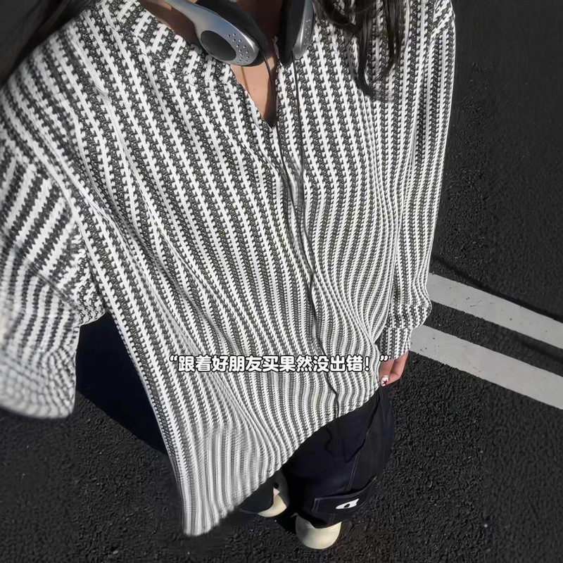 Autumn Textured Short-Sleeved Sweatshirt for Men and Women, Lightweight American-Style Striped Lazy Style Loose-Fitting Inner Layer