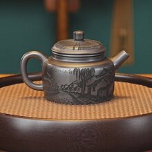 宜兴紫砂壶手工刻绘烟雨入江南德钟壶原矿石黄泥料功夫茶具泡茶器