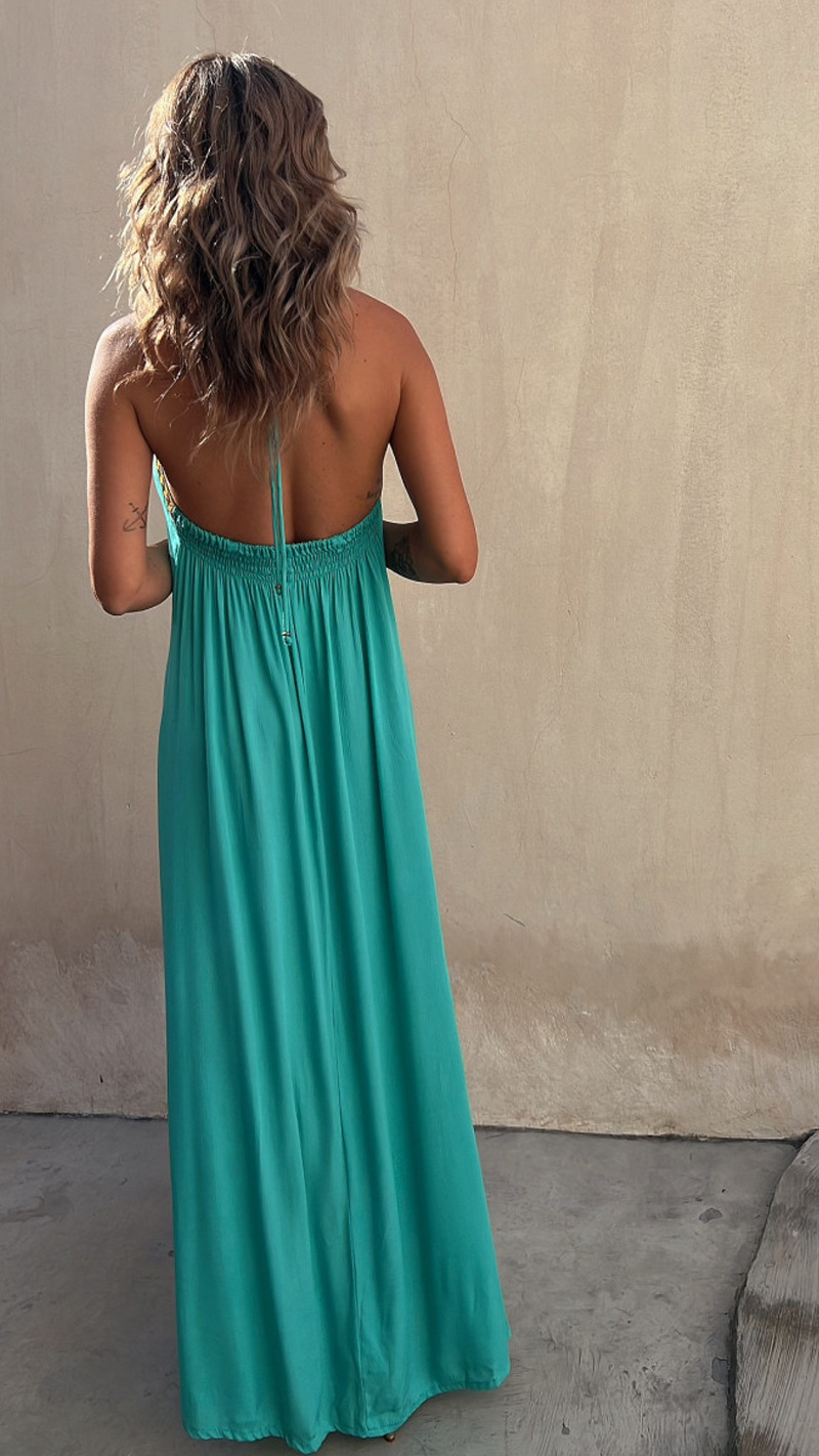 Holiday Occasion Halter Neck Neckline Wholesale Women'S Casual Vacation Patchwork Solid Color Holiday Halter Neck Sleeveless Swing Dress