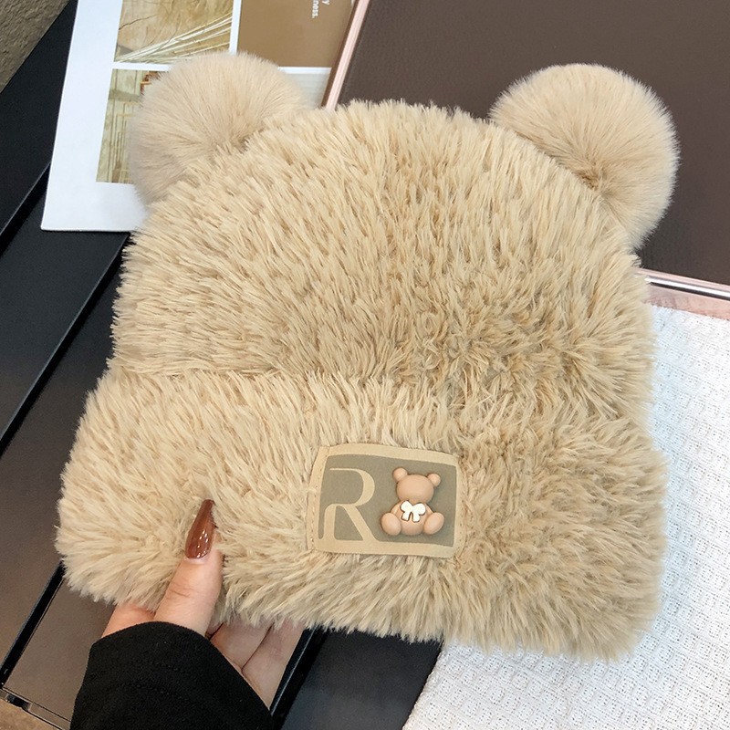 毛绒小熊帽子女秋冬韩版可爱耳朵毛线帽加厚保暖防寒套头帽显脸小