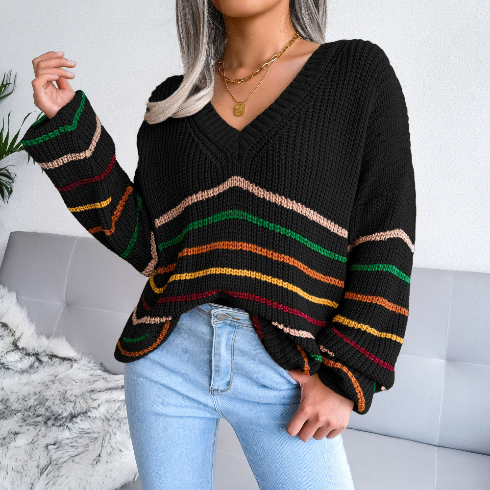 Rainbow Striped Casual Loose Sweater NSBJ97935