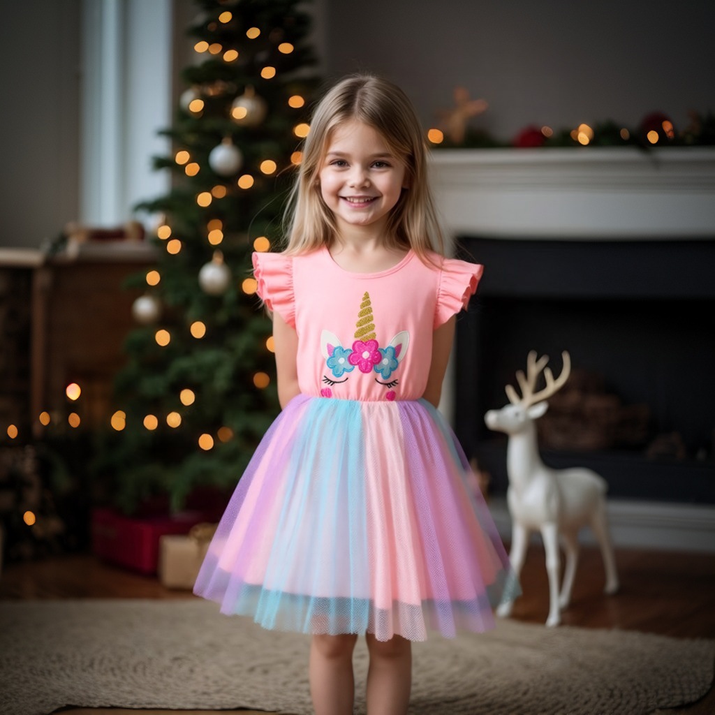 儿童新款卡通独角兽网纱公主裙2025夏季女中童短袖连衣裙童装裙子