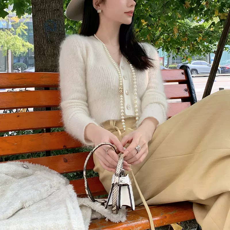 【戚风豆乳茶】高比例马海毛羊毛糯米小开衫短款v领毛衣休闲百搭
