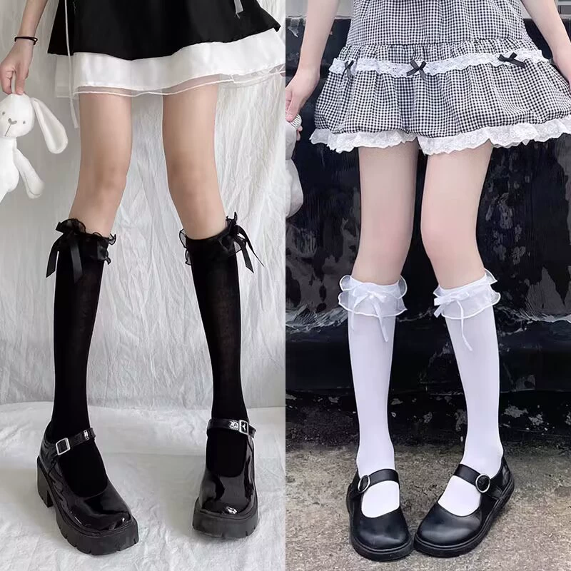 Деми-сезонные однотонные кружевные колготки с бантом, стиль Lolita, кружевное платье, средняя длина