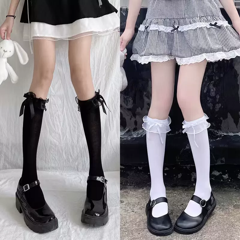Деми-сезонные однотонные кружевные колготки с бантом, стиль Lolita, кружевное платье, средняя длина