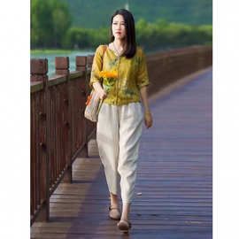 夏季棉麻套装女2024新款宽松显瘦百搭印花五分袖上衣哈伦裤两件套