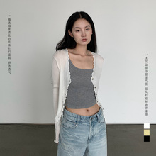 天丝羊毛木耳边针织开衫女夏季肌理感修身显瘦短款V领轻薄上衣