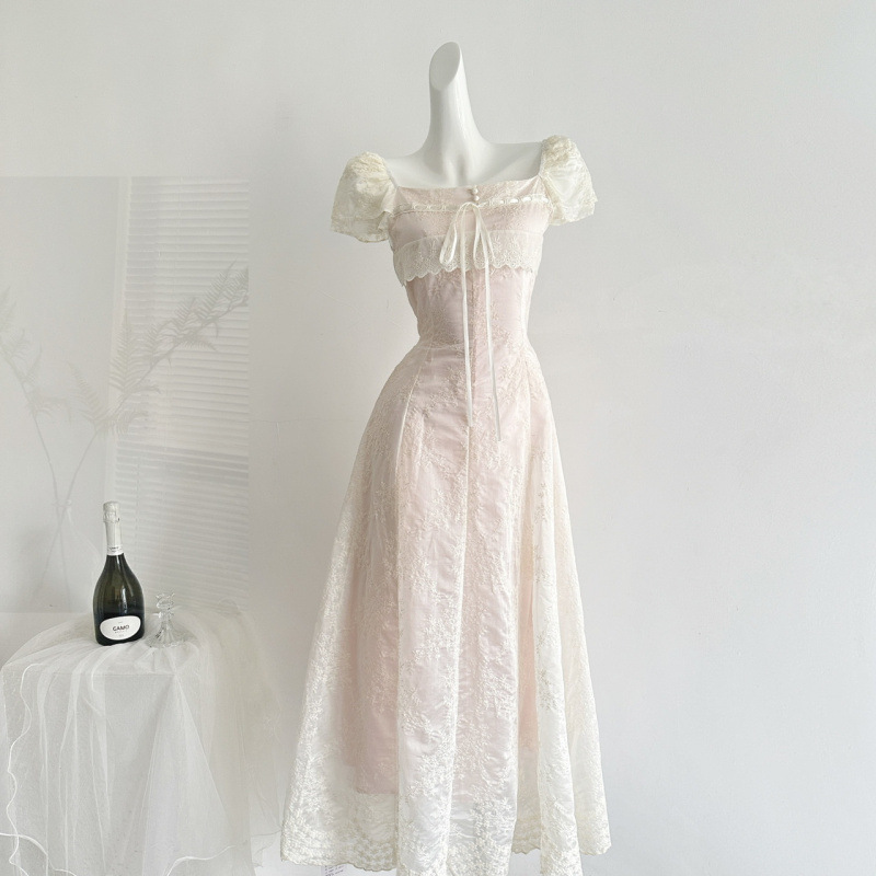 Norman Yiwu Tea Party Summer Girl Style Lace Patchwork Embroidered Long Dress A-Line Waist-Cinching Dress Norman Yiwu Tea Party Summer Girl Style Lace Patchwork Embroidered Long Dress A-Line Waist-Cinching Dress