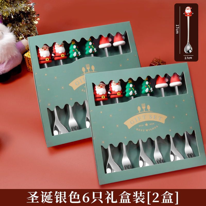 Navidad niñas tenedor de postre conjunto de dibujos animados cuchara de comida árbol caja de regalo de acero inoxidable cuchara de regalo creativa para ancianos