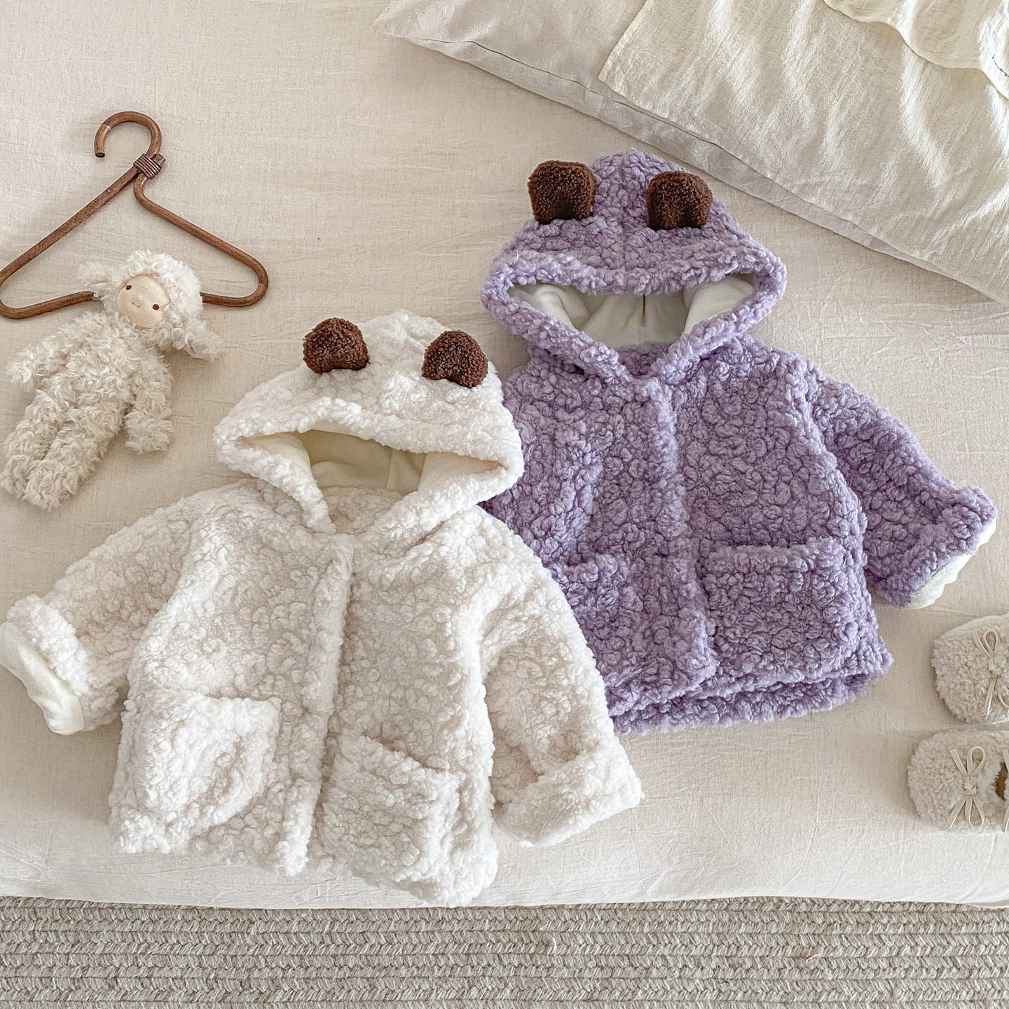 婴幼儿外套毛毛加厚小熊耳朵连帽冬季男宝宝可爱加绒保暖上衣冬款