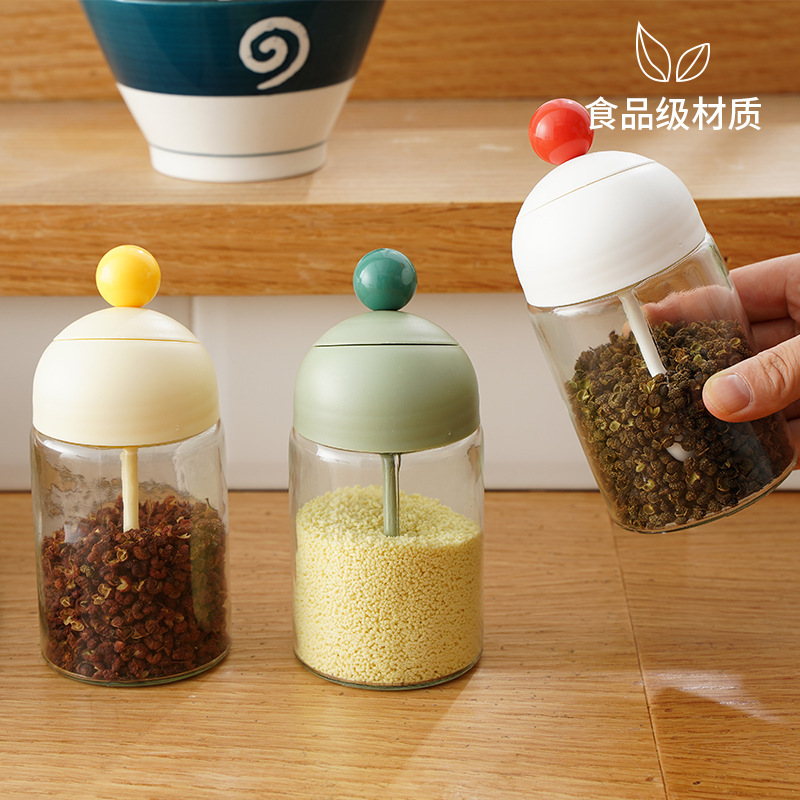New Kitchen Storage Salt Jar Humidifier Spice Box Condiment Set Spatula Cover Integrated Glass Telescopic Condiment Jar