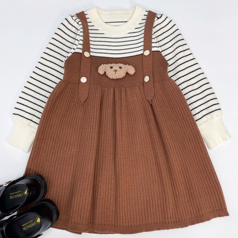 Bambini Primavera e Autunno Nuova Edizione Coreana Bambina Carino Cane Finto Due Strisce Moda Vestito Stile Trendy_voghion.com
