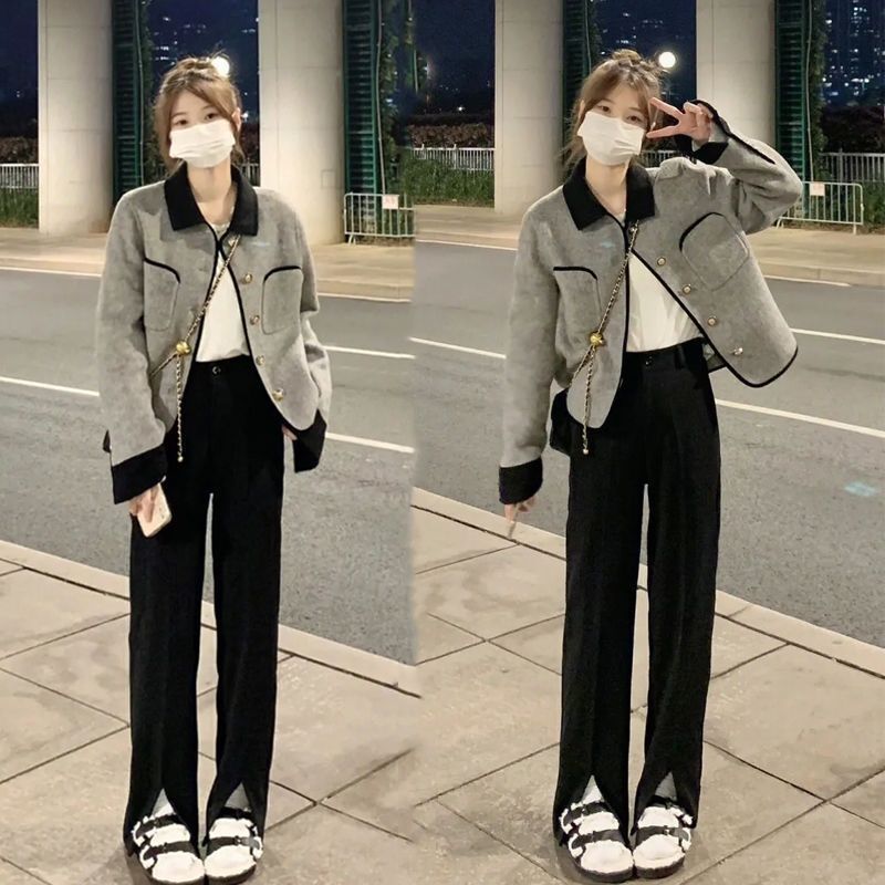 小香风短款炸街灰色外套女秋冬季复古设计感小众气质长袖上衣|undefined