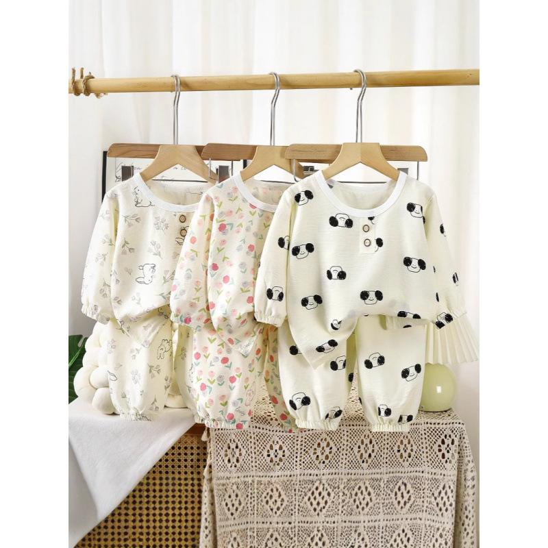 2025 Spring Season New Children's Cloud Cotton Home Clothes Set Male and Female Baby Cartoon Loose Long Sleeve Air Conditioning Clothes