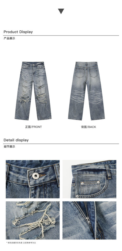 Quần jean nam rách phong cách retro Mỹ dáng rộng ống đứng, quần dài casual — Màu xanh dương chi tiết 4