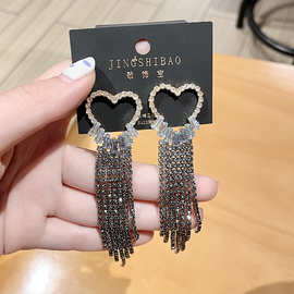 爱心长款流苏微镶锆石S925银针简约大气时尚耳环现货批发