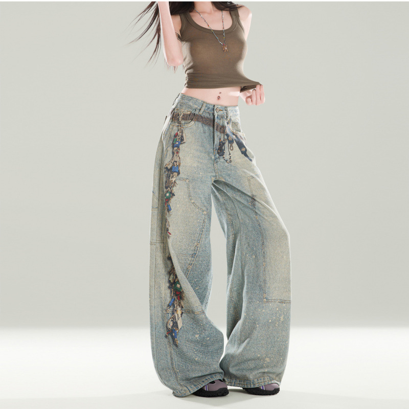 Men's Vintage Washed Print Jeans Hip-Hop Straight-Leg Loose Fit Denim Blue Breathable Polyester Blend S-3XL_mkmklike.com