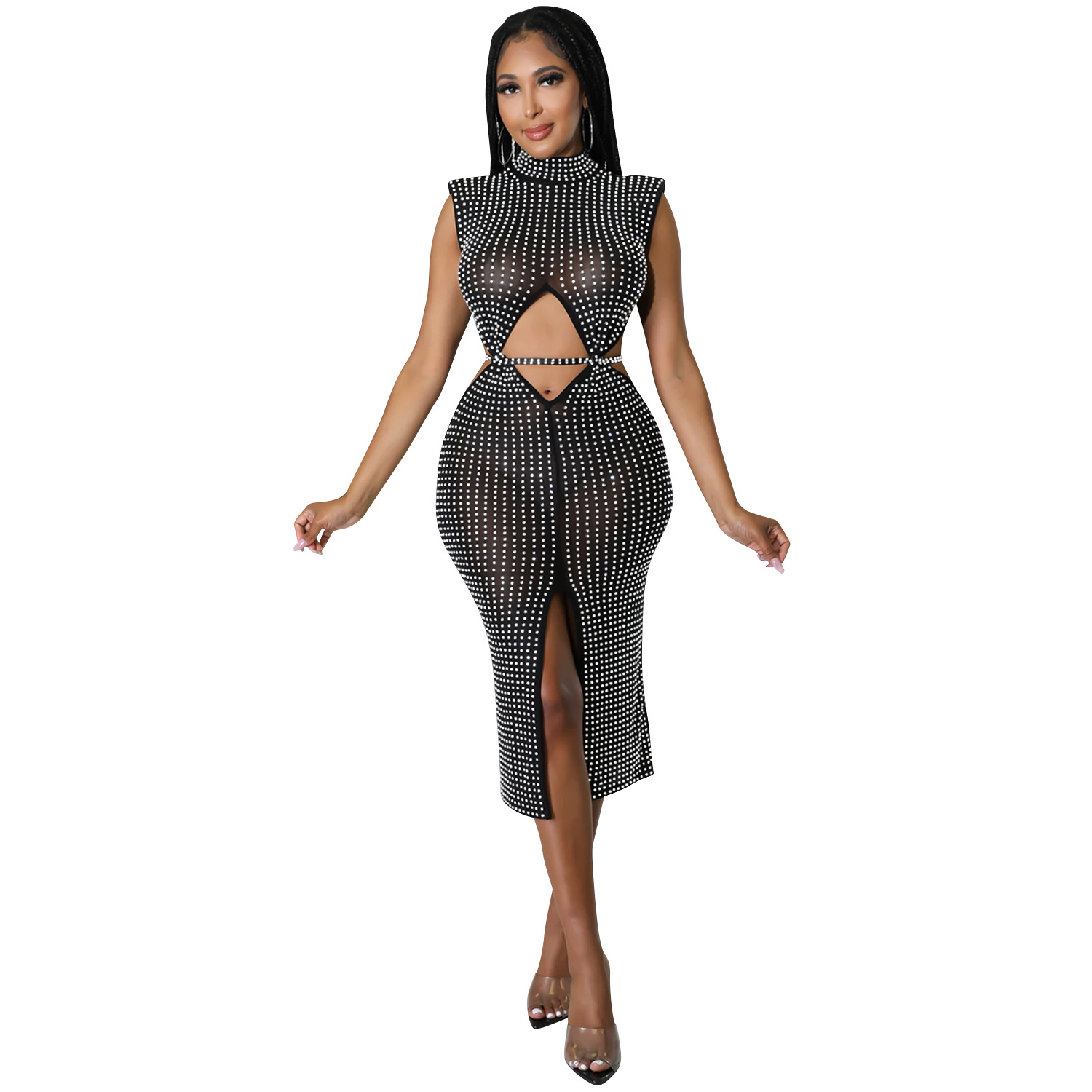 C596 transfronteriza AliExpress amazon moda sexy malla perspectiva rhinestone hueco split vestido ropa de mujer