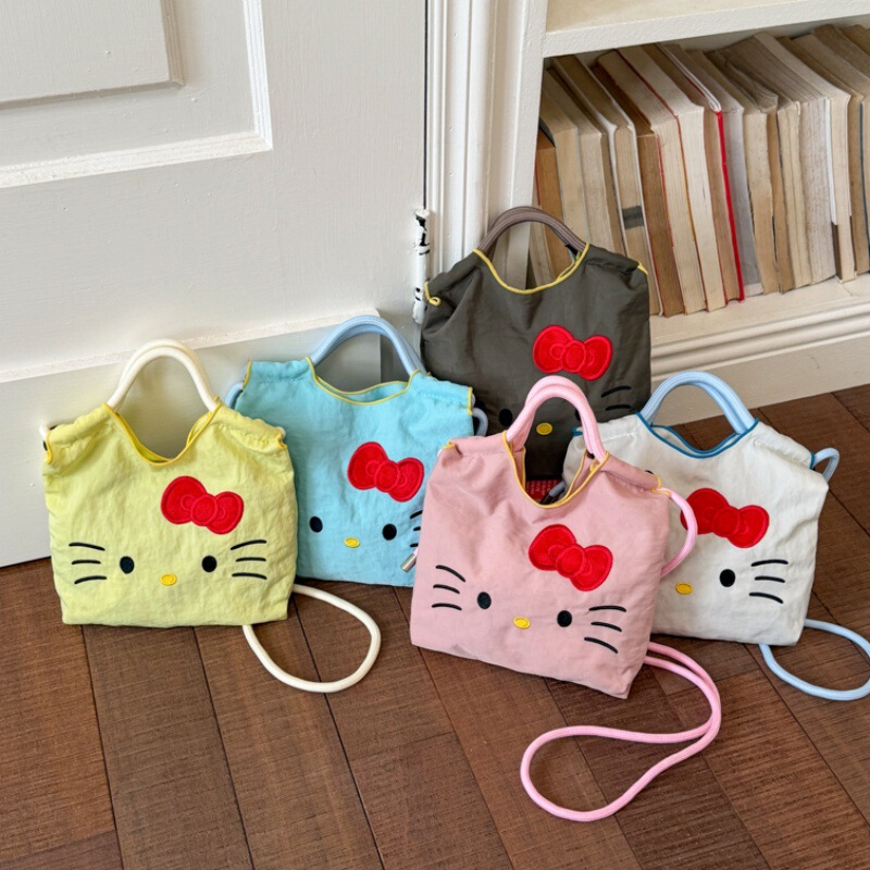 New Japanese Eco-Friendly Shopping Bag Embroidered Kitty Tote Bag Shoulder Crossbody Bag Lightweight Hello Kitty Phone Bag