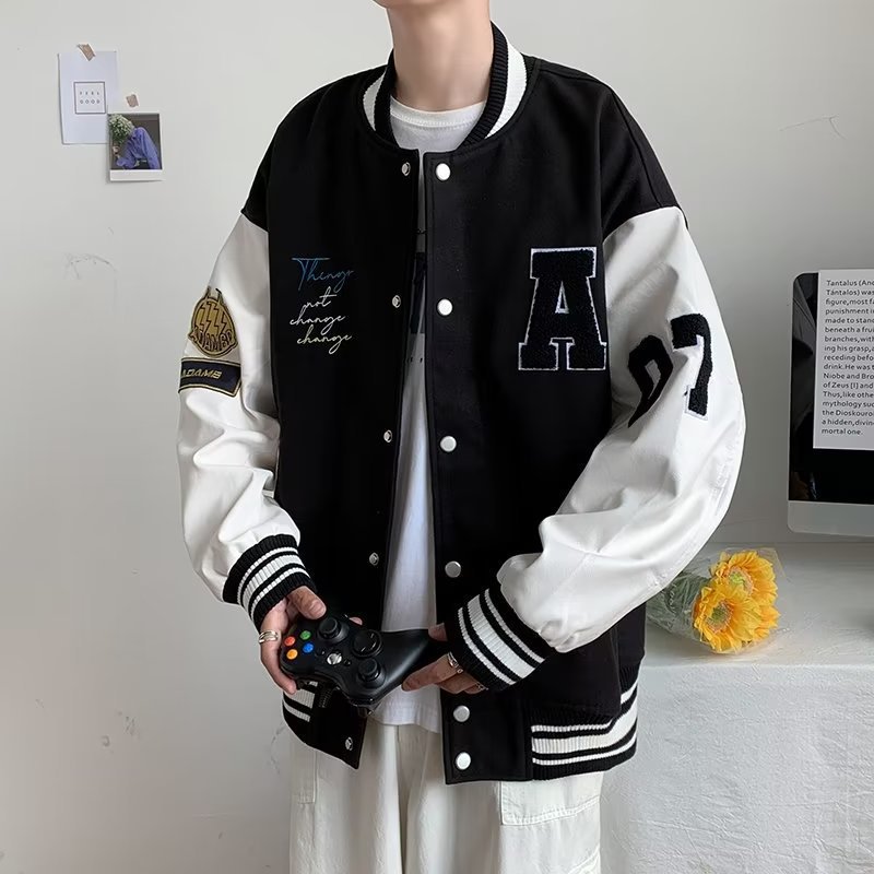 Men's Leather Sleeve Baseball Jacket Retro Casual Style_voghion.com