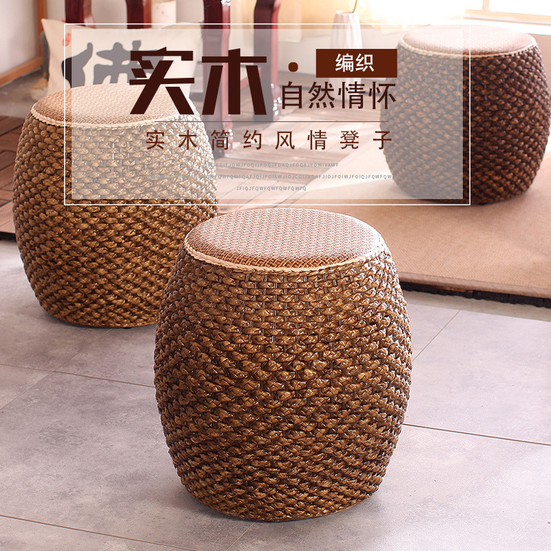 Taburete bajo de ratán taburete redondo taburete de paja sofá mesa de café taburete hogar sala de estar de madera maciza banco pequeño zapato cambio taburete muelle