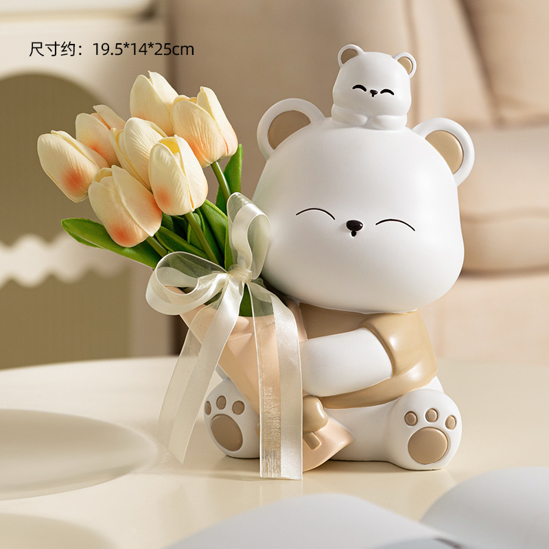 포옹 곰 꽃 라이트 브라운 큰 + 샴페인 튤립 7 (무료 리본)