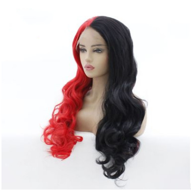 Europa y América mitad roja mitad empalmado negro ondas delanteras encaje mitad gancho peluca LW0152