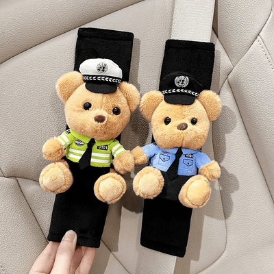 Car Safety Belt Protective Sleeve In-car Girl's Cute Cute Cartoon Traffic Police Bear Plush Doll Shoulder Belt Sleeve (Seat belt shoulder pad) - blue-police-bear-green-police-bear-1-pair-of-ice-silk-shoulder-pads