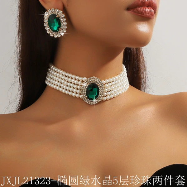 Jxjl21323-Ellipsed green crystal 5-layer pearl two-piece set