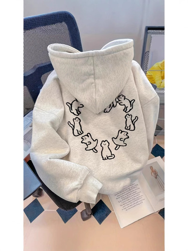 Women's Hooded Sweatshirt with Cat Heart Design Print, Casual and Versatile Long-Sleeve Outerwear