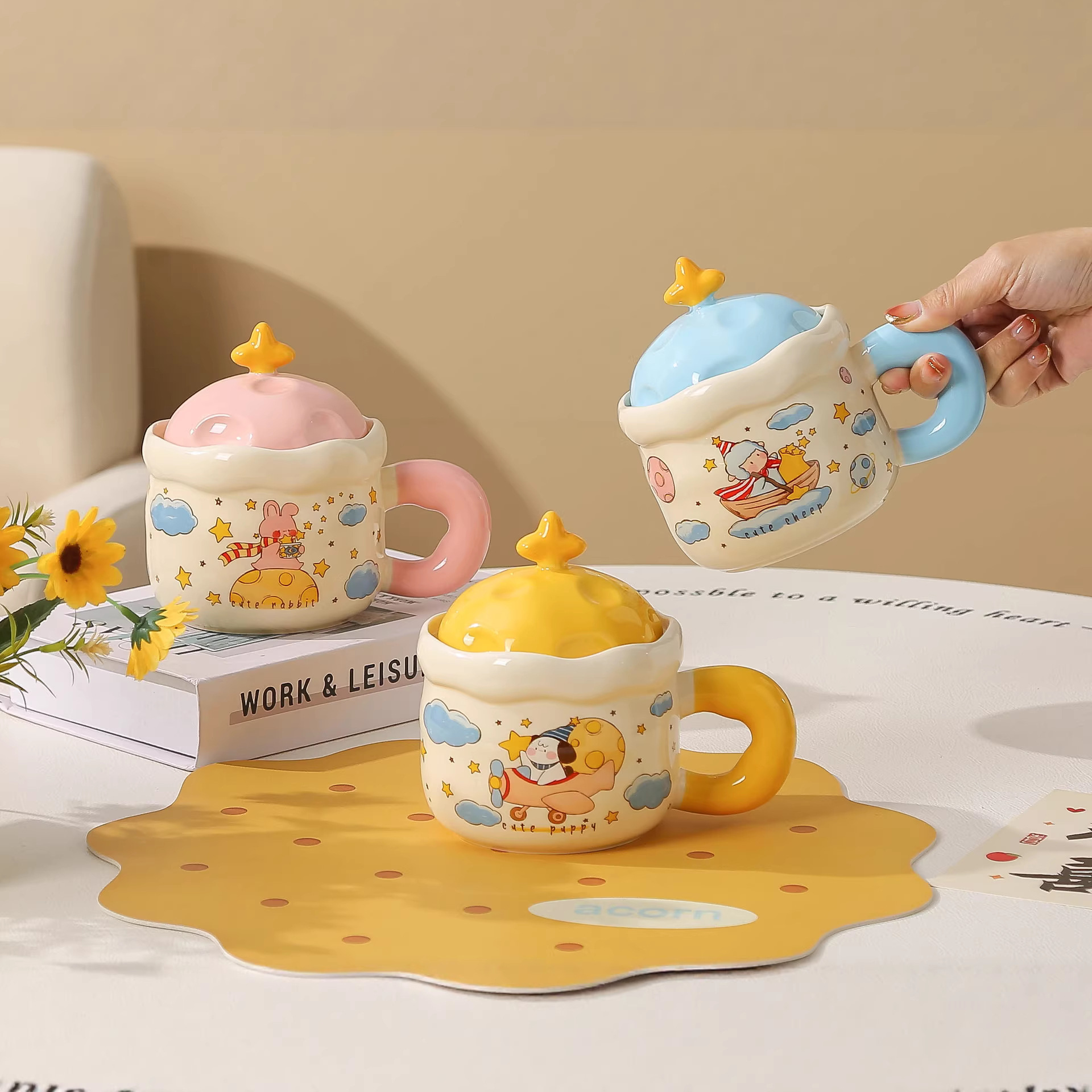 Copa de cerámica encantadora de dibujos animados planetas tazas con cubierta de cumpleaños para regalar tazas de agua de chicas regalo de mano tazas de oficina image 3