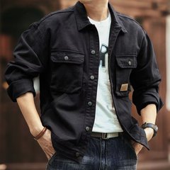 春と秋のシンプルなデニムコート男性青年ファッション工装韓国版カジュアルジャケット純色多ポケット男性服
