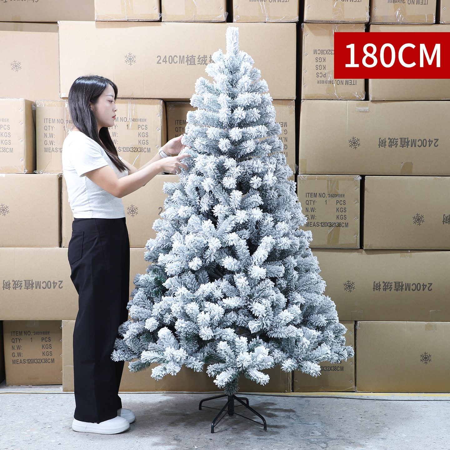 Árbol de Navidad puro PE mezclado PVC nieve flocado árbol desnudo blanco decoración de Navidad pleno pe árbol de Navidad precargado luz