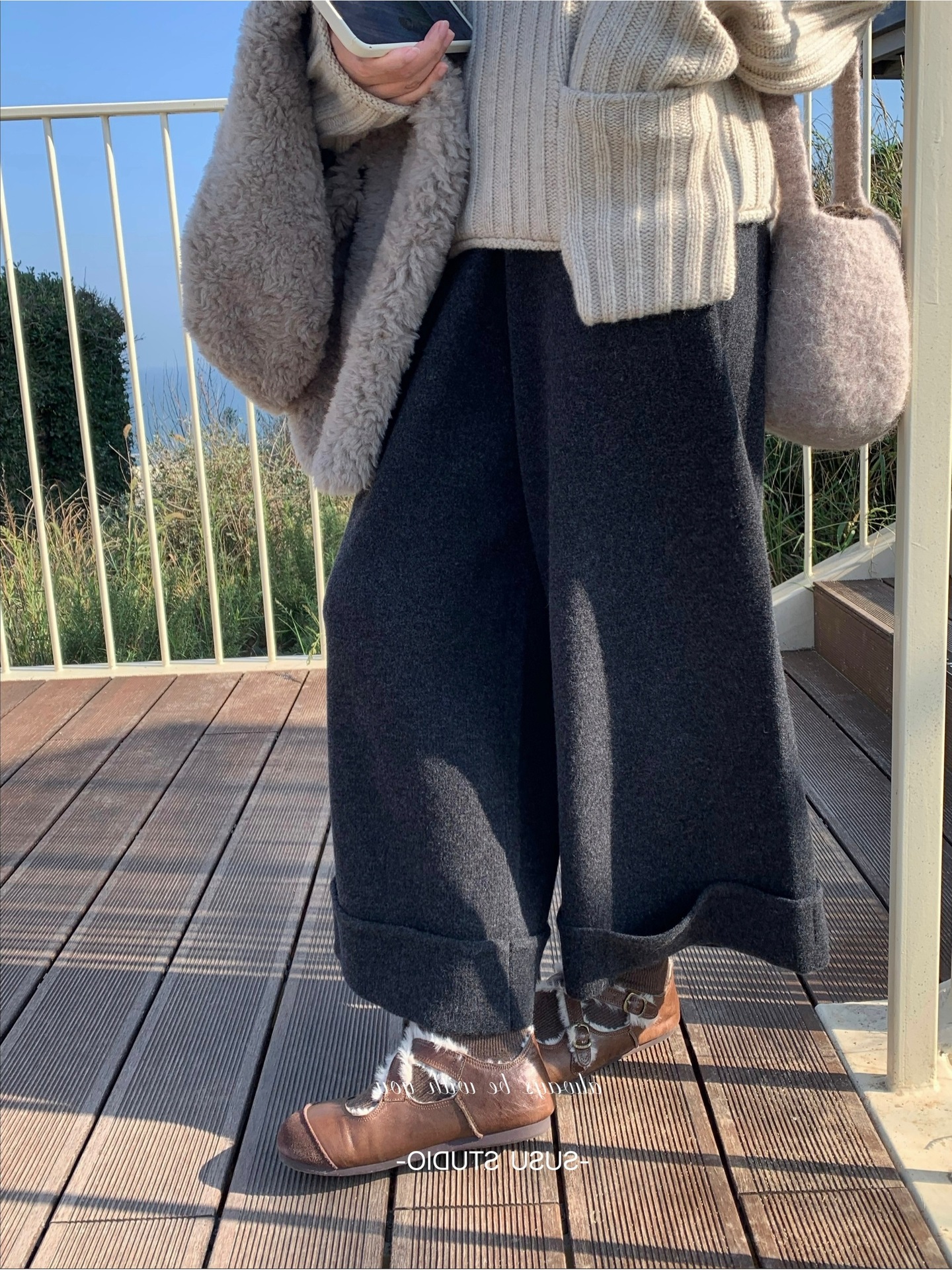 深灰色羊毛针织裤子女2025新款秋冬季宽松直筒阔腿裤小个子八分裤