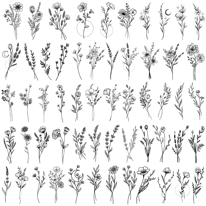 Pequeñas pegatinas de tatuaje frescas letras inglesas flores mariposas líneas de boceto pegatinas de tatuaje impermeables tatuaje