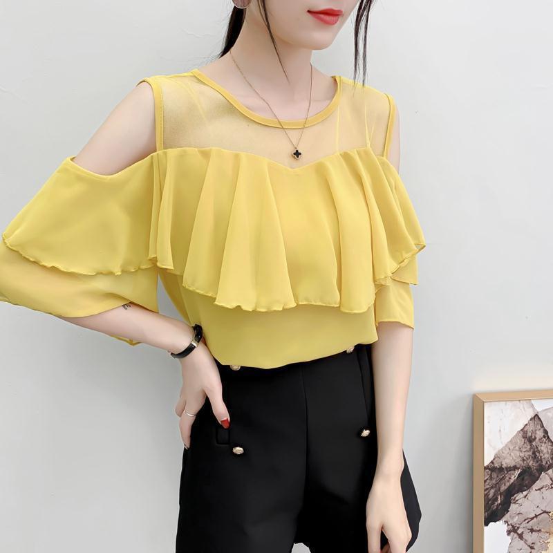 Western Style Loose Belly-covering Ruffled Off-shoulder Lace Chiffon Shirt Summer Fairy Short-sleeved Pleated Sweet Top for Women