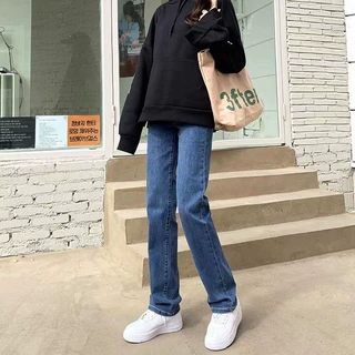复古蓝韩版高腰直筒牛仔裤春秋款修身显瘦百搭ins显高弹力拖地裤