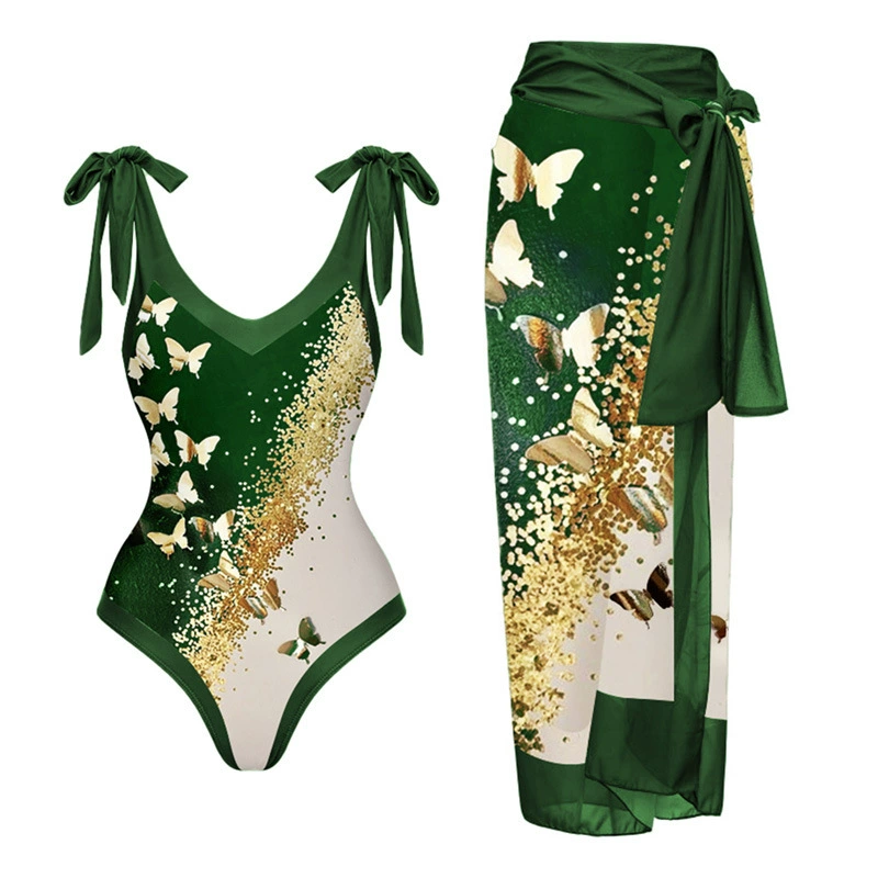 Европейский и американский трансграничный комплект купальника Amazon Dreamy Green Gold Butterfly, комплект из двух предметов, пляжная накидка, комплект из двух предметов