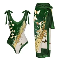 Европейский и американский трансграничный комплект купальника Amazon Dreamy Green Gold Butterfly, комплект из двух предметов, пляжная накидка, комплект из двух предметов